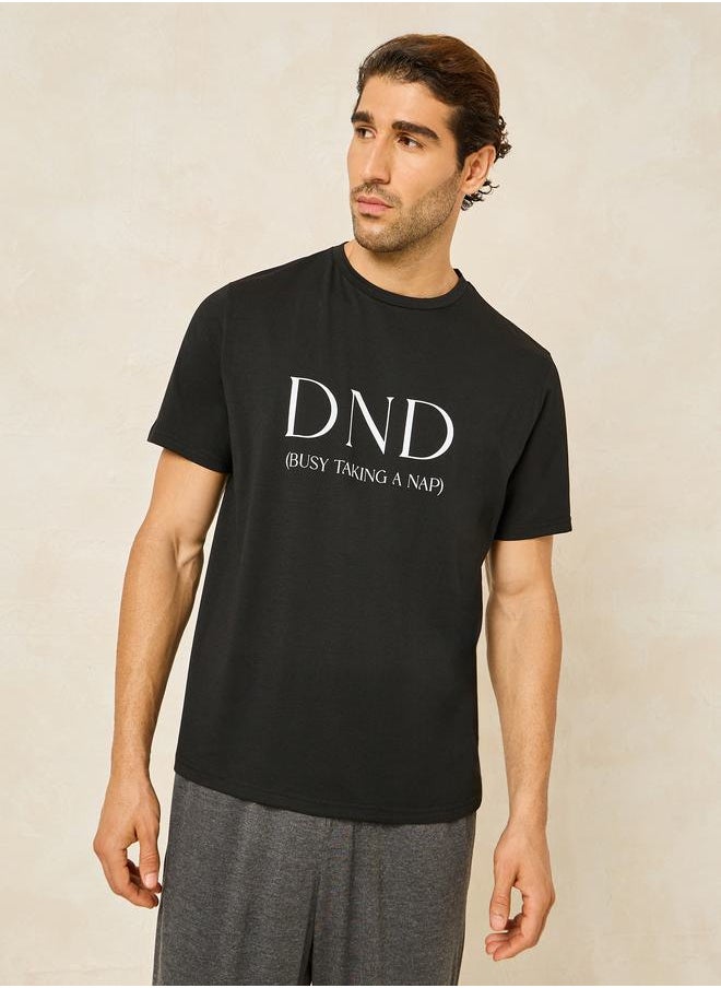 Slogan Print T-Shirt & Solid Pyjama Set