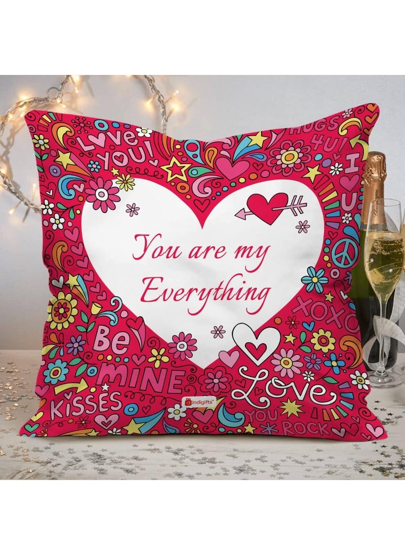 Indigifts 1 Coffee Mug 325 ml | 1 Cushion Cover 12x12 inches| 1 Vacuum Packed Conjugated Fiber Filler (180 GMS Approx Filling) | Heart Shape Greeting Card Valentine Gift Hamper