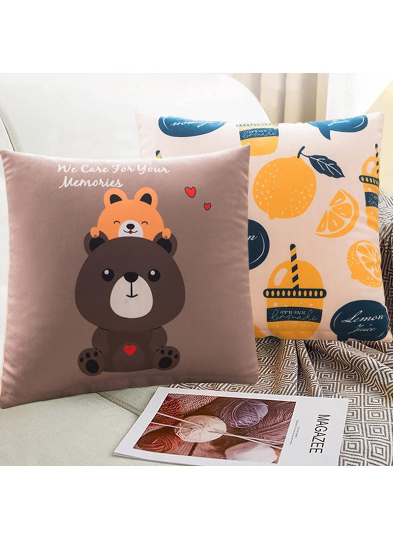 wolpin Filled Cushions (Pack of 2 Pcs) Fibre Throw/Pillow Soft Decoration Cushion - 40 x 40 cm Bear & Lemon