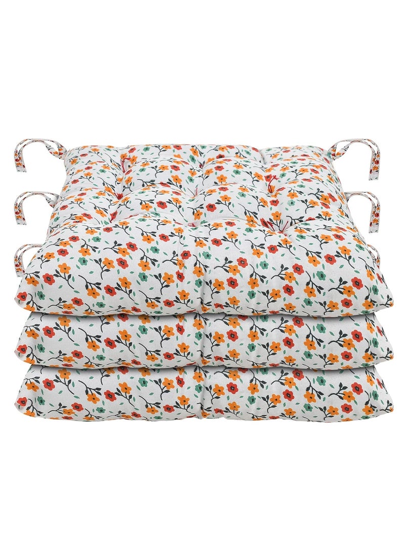 Heart Home Flower Printed Microfiber Durable, Comfortable & Soft Square Chair Pad/Cushion/Seat Pad with Ties, 18 * 18 Inch- Pack of 3 (White)