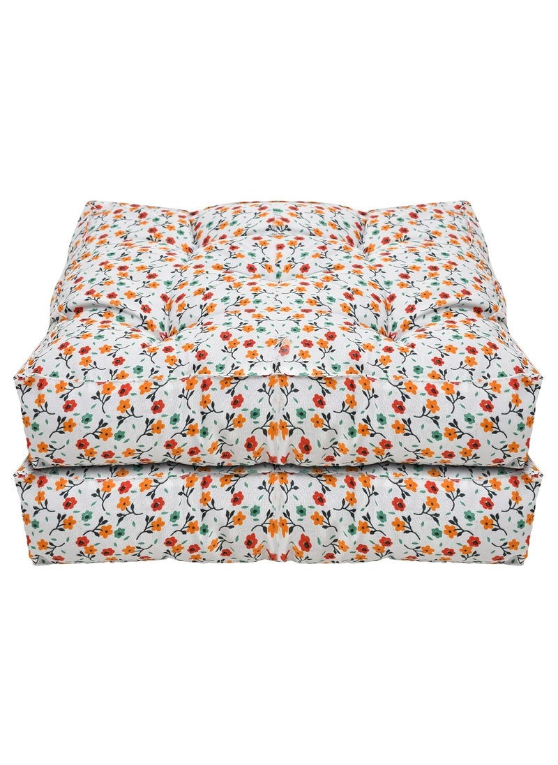 Heart Home Flower Printed Microfiber Square Chair Pad Seat Cushion for Rocking Chair, Office Chair, Dinning Chair, Indoor/Outdoor, 18 * 18 Inch- Pack of 2 (White)