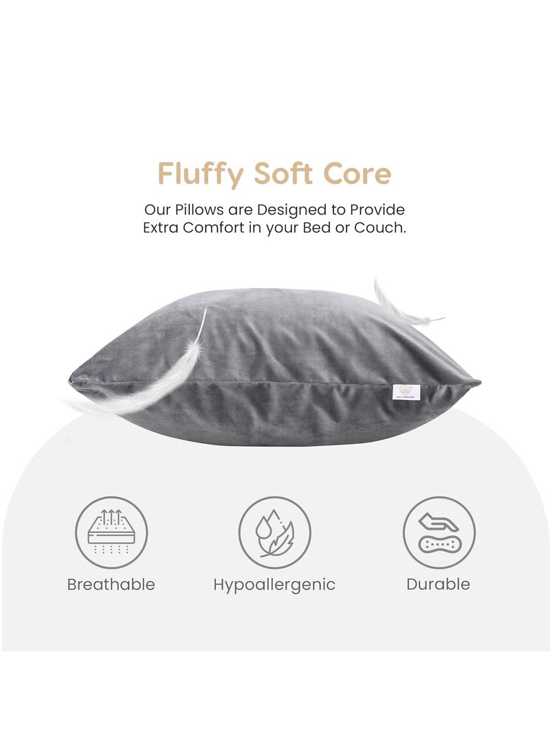 MY ARMOR Microfiber Square Pillow Cushion for Sofa & Bed | Soft, Fluffy for Comfort & Back Support | Washable | Premium Velvet Outer Cover, Grey, Pack of 5 [16