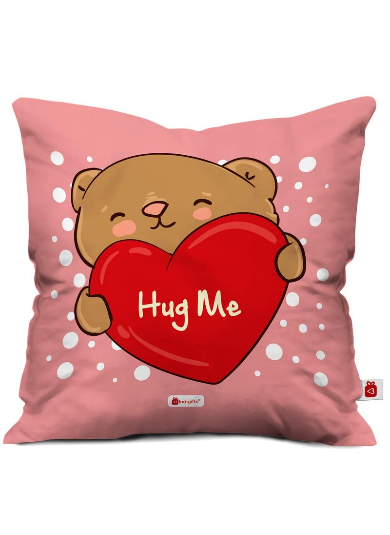 Indigifts Valentine Gift Hamper for Girlfriend Cute Teddy, Artificial Rose & Photo Magnet with Postcard Love Quote Pink Cushion Cover with Filler 12x12 Pink, Love Gifts, Gift for Wife