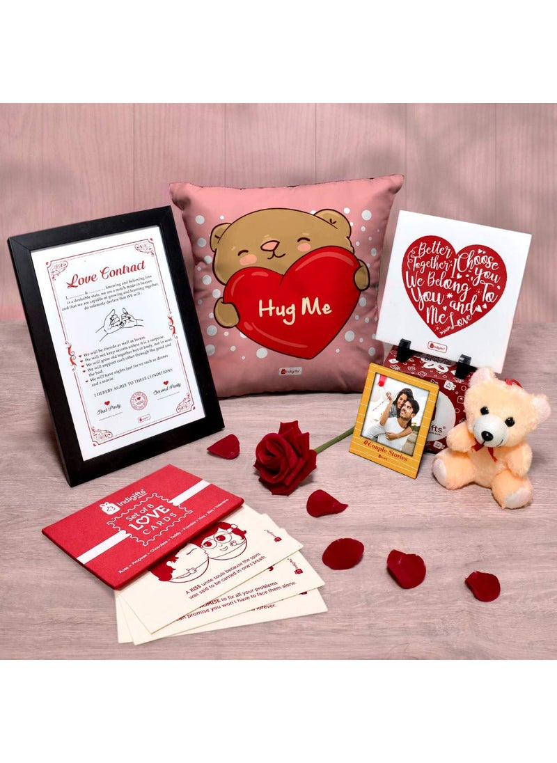 Indigifts Valentine Gift Hamper for Girlfriend Cute Teddy, Artificial Rose & Photo Magnet with Postcard Love Quote Pink Cushion Cover with Filler 12x12 Pink, Love Gifts, Gift for Wife