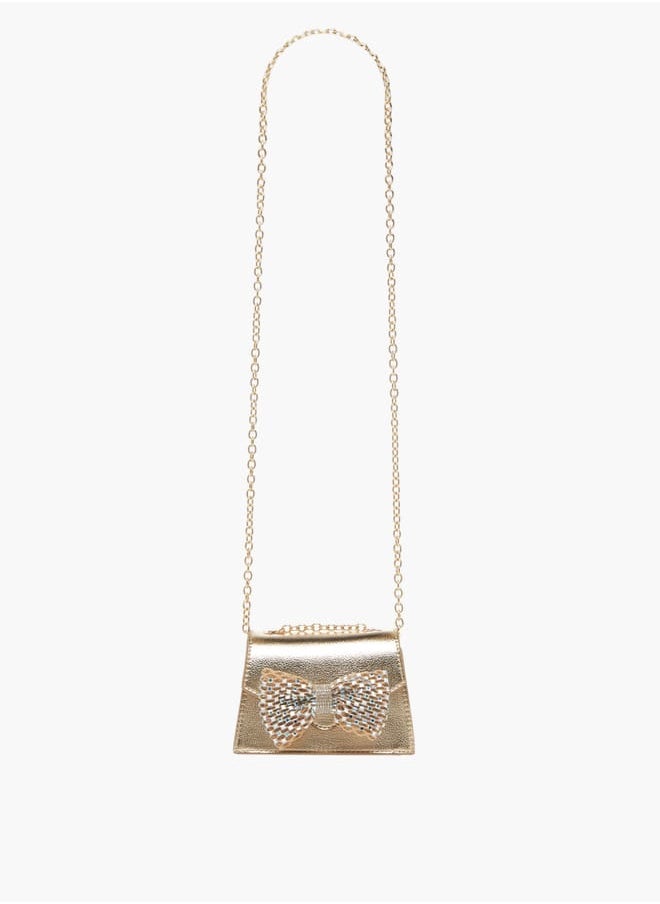 Girls Bow Embellished Crossbody Bag with Chain Strap and Button Closure