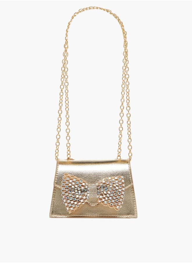 Girls Bow Embellished Crossbody Bag with Chain Strap and Button Closure