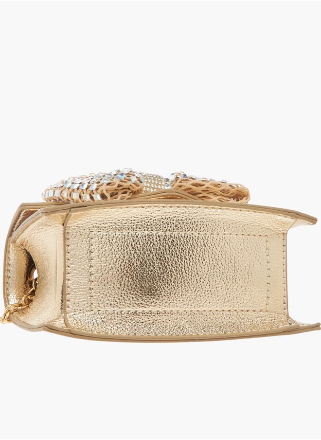 Girls Bow Embellished Crossbody Bag with Chain Strap and Button Closure