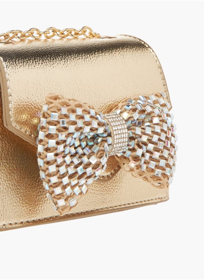 Girls Bow Embellished Crossbody Bag with Chain Strap and Button Closure