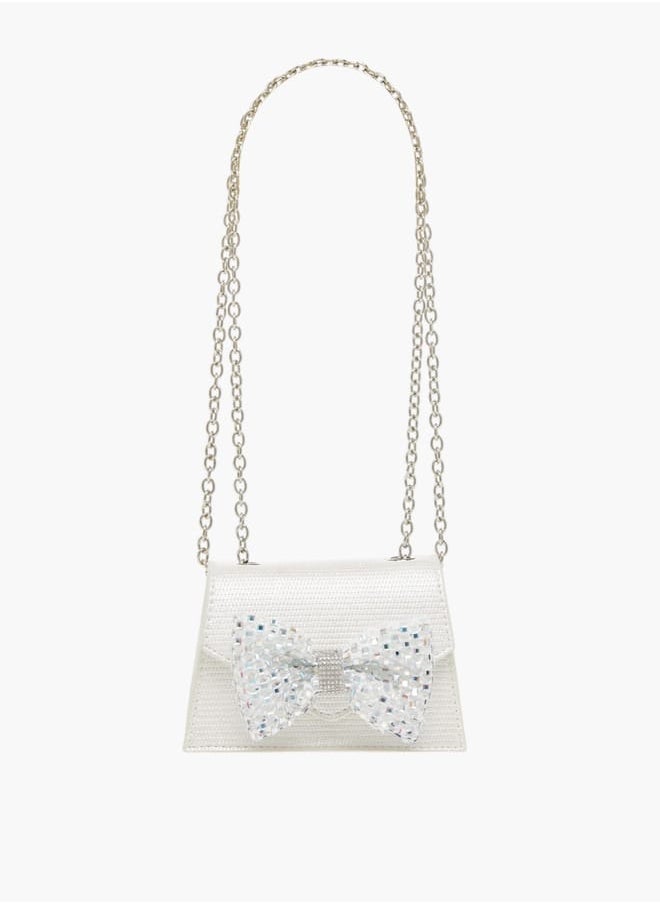 Girls Bow Embellished Crossbody Bag with Chain Strap and Button Closure