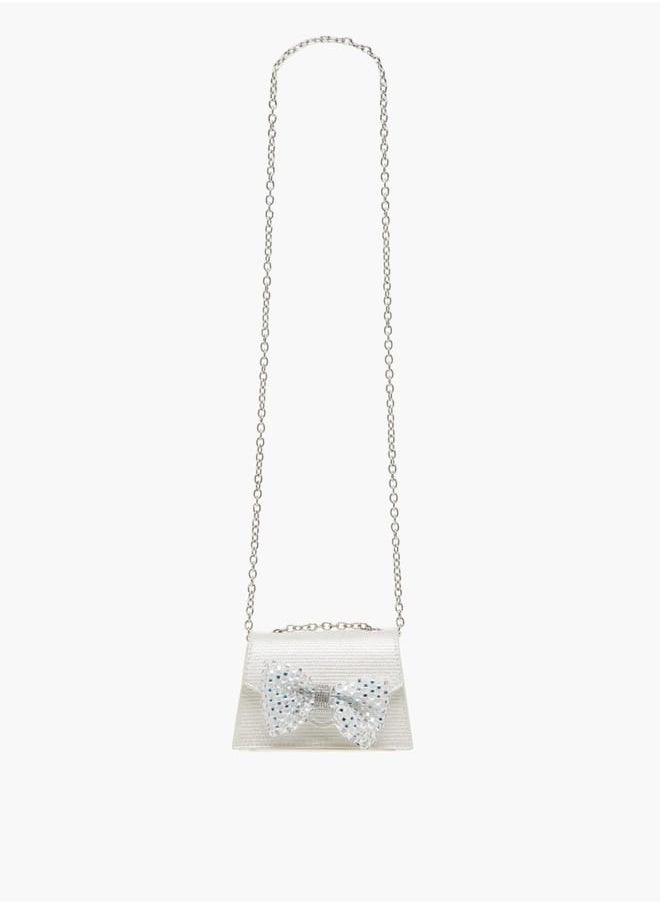 Girls Bow Embellished Crossbody Bag with Chain Strap and Button Closure