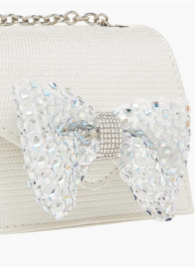 Girls Bow Embellished Crossbody Bag with Chain Strap and Button Closure