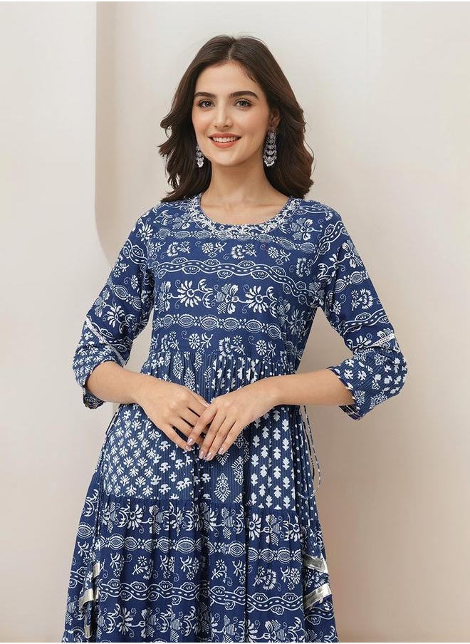 Women's Blue 100% Cotton Embellished Maxi A-Line Straight Fit Dress