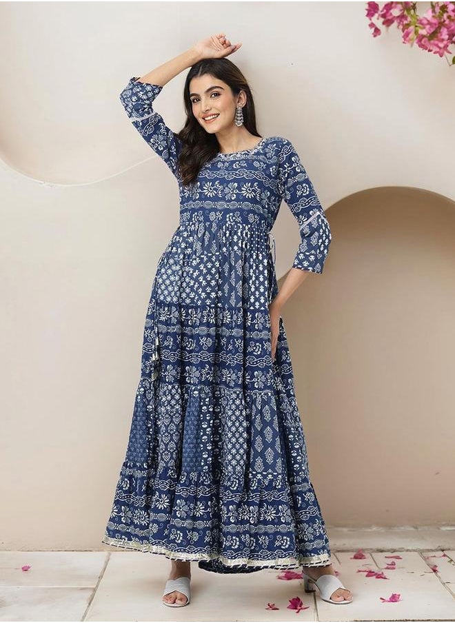Women's Blue 100% Cotton Embellished Maxi A-Line Straight Fit Dress