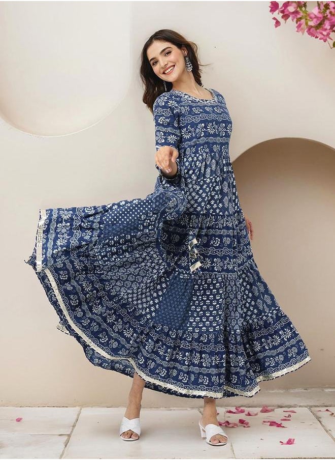 Women's Blue 100% Cotton Embellished Maxi A-Line Straight Fit Dress