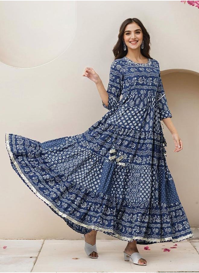 Women's Blue 100% Cotton Embellished Maxi A-Line Straight Fit Dress