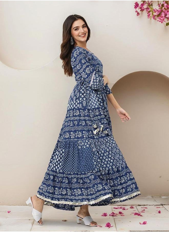 Women's Blue 100% Cotton Embellished Maxi A-Line Straight Fit Dress