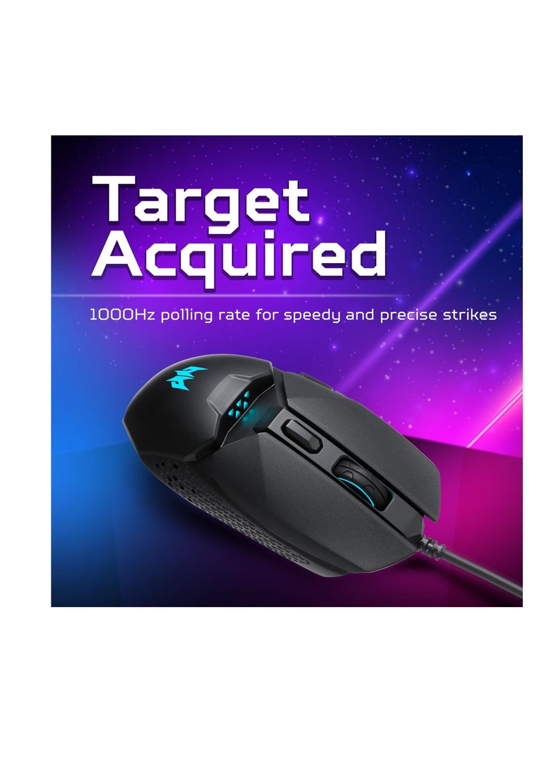 Predator Cestus 327 Multi-Grip Design Wired Gaming Mouse (8000 DPI/150 IPS/6 Buttons/5-level DPI Settings with 5 LED Color/ELAN OM36 Sensor/1000Hz Polling Rate) with 20M Click Lifespan,