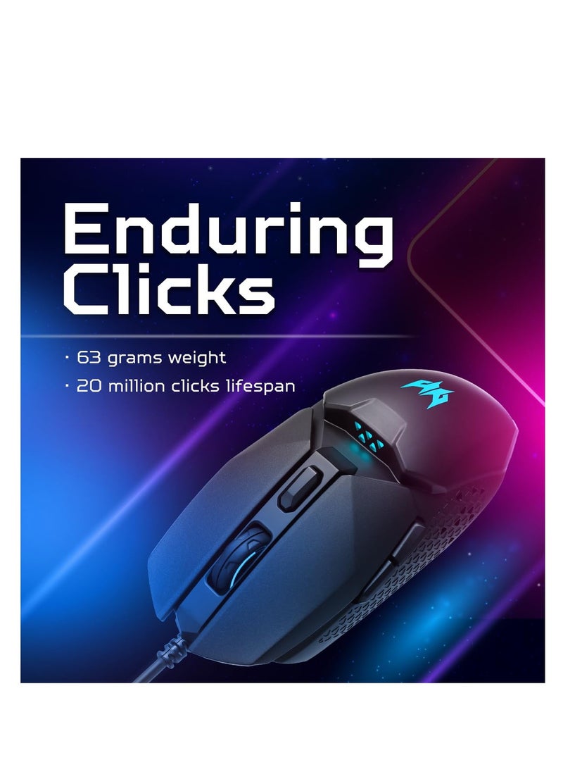 Predator Cestus 327 Multi-Grip Design Wired Gaming Mouse (8000 DPI/150 IPS/6 Buttons/5-level DPI Settings with 5 LED Color/ELAN OM36 Sensor/1000Hz Polling Rate) with 20M Click Lifespan,