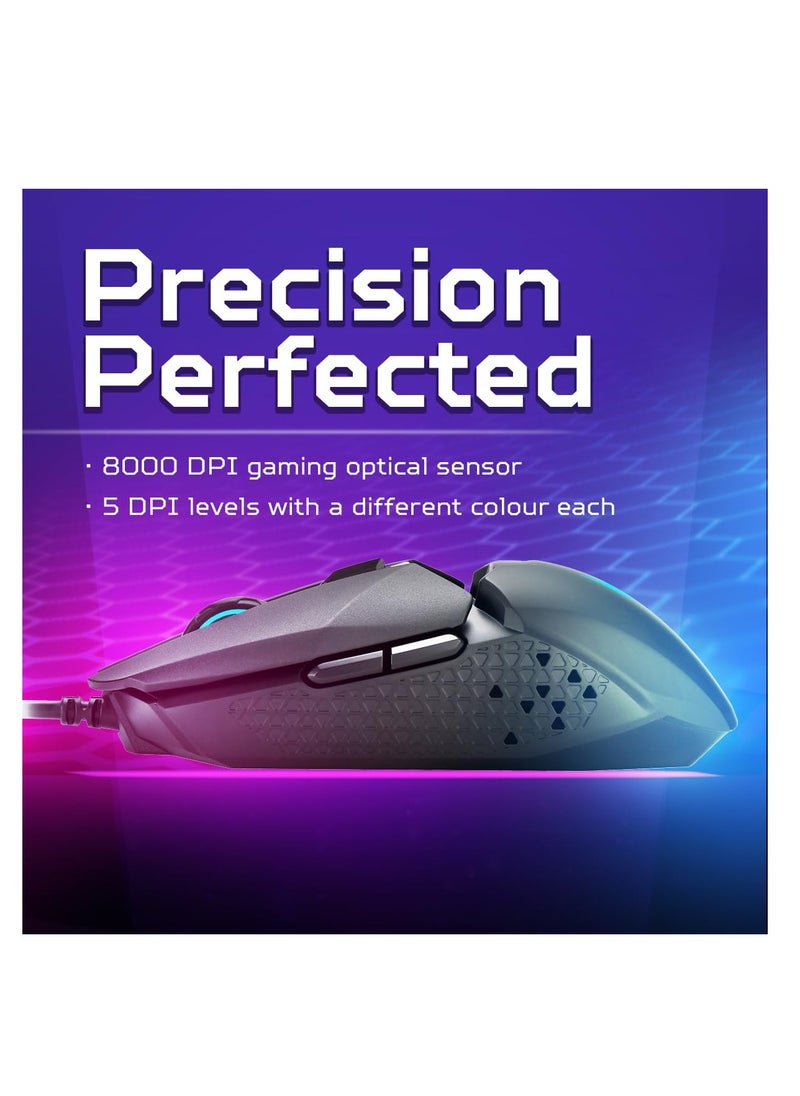 Predator Cestus 327 Multi-Grip Design Wired Gaming Mouse (8000 DPI/150 IPS/6 Buttons/5-level DPI Settings with 5 LED Color/ELAN OM36 Sensor/1000Hz Polling Rate) with 20M Click Lifespan,