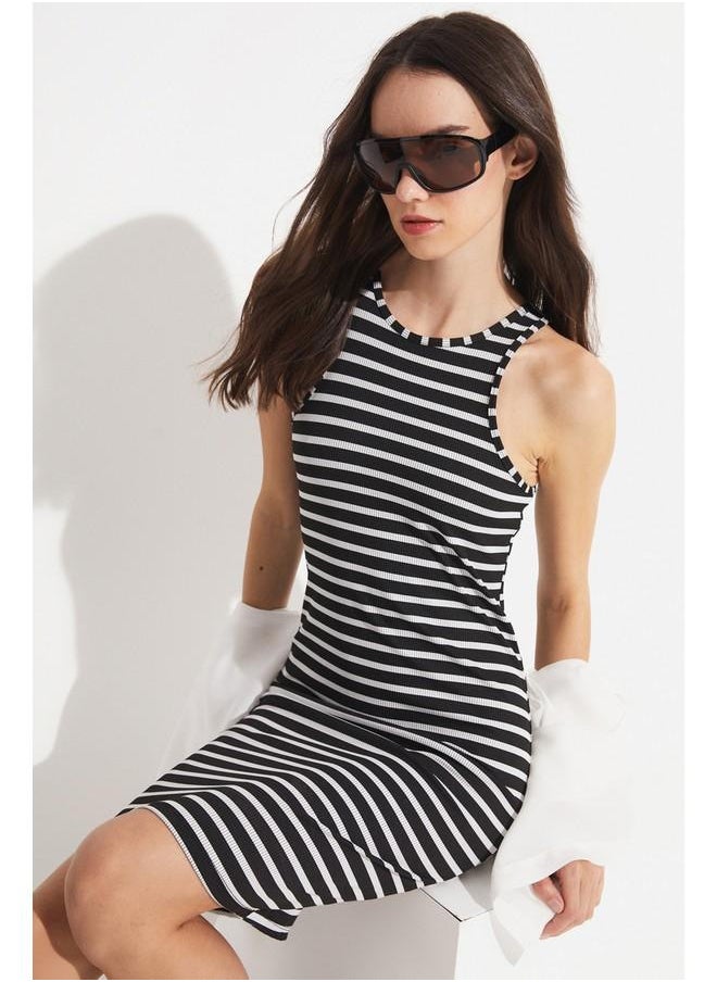 June Women Fitted Mini Halter Neck Striped Knit Dress Black