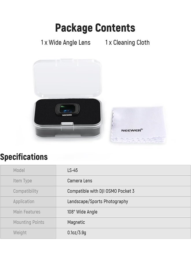 NEEWER 0.75X Wide Angle Lens Compatible with DJI OSMO Pocket 3 Creator Combo Accessories, Expanded FOV of 108°, Magnetic Coated Aspherical Action Camera Lens, LS-45