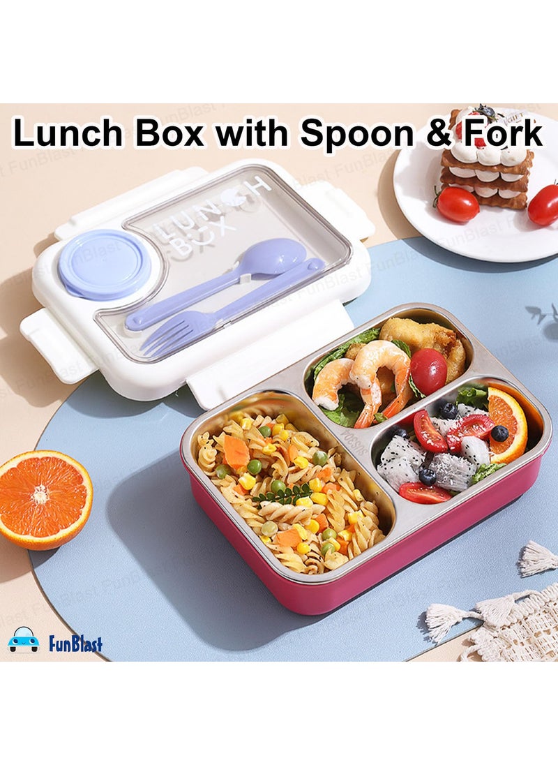 FunBlast Lunch Box for Kids – Tiffin Box for Kids, Insulated Bento Lunch Box, Stainless Steel Lunch Box with Spoon & Fork, 3 Compartment Lunch Box with 1 Small Box – 750ML (Pink)