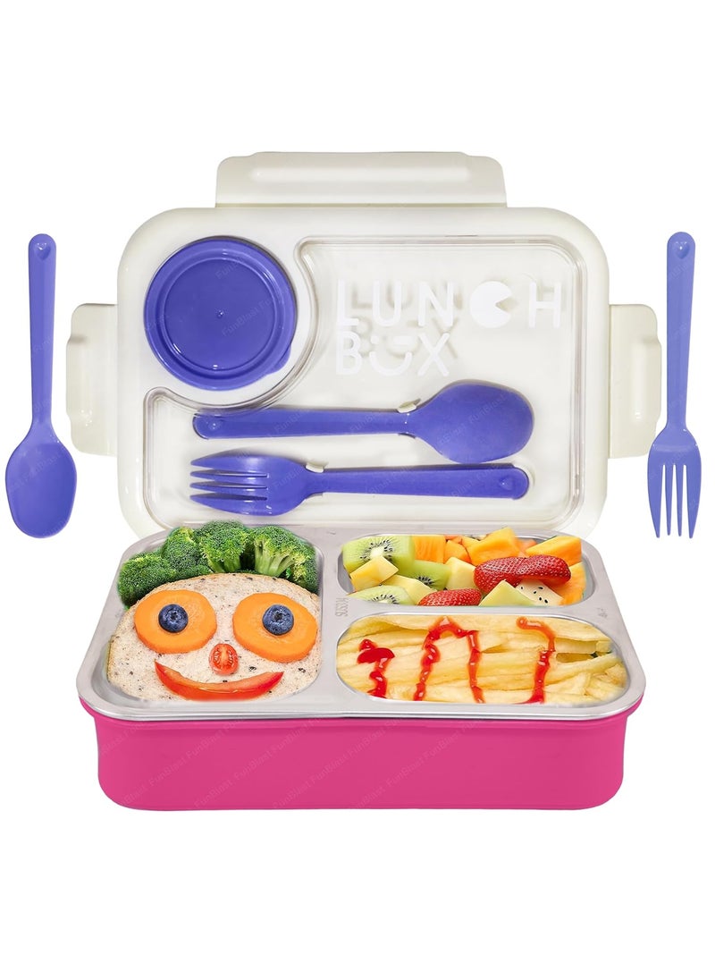 FunBlast Lunch Box for Kids – Tiffin Box for Kids, Insulated Bento Lunch Box, Stainless Steel Lunch Box with Spoon & Fork, 3 Compartment Lunch Box with 1 Small Box – 750ML (Pink)