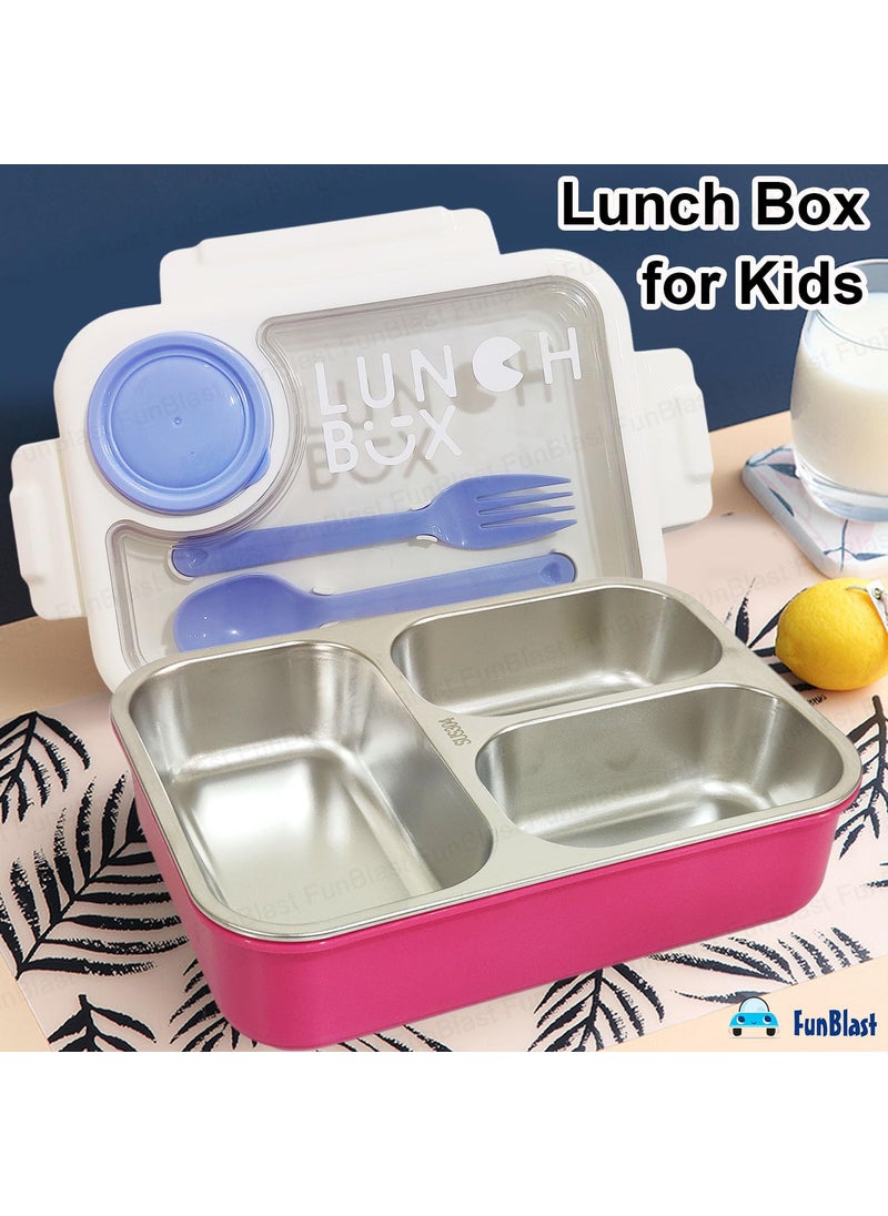 FunBlast Lunch Box for Kids – Tiffin Box for Kids, Insulated Bento Lunch Box, Stainless Steel Lunch Box with Spoon & Fork, 3 Compartment Lunch Box with 1 Small Box – 750ML (Pink)