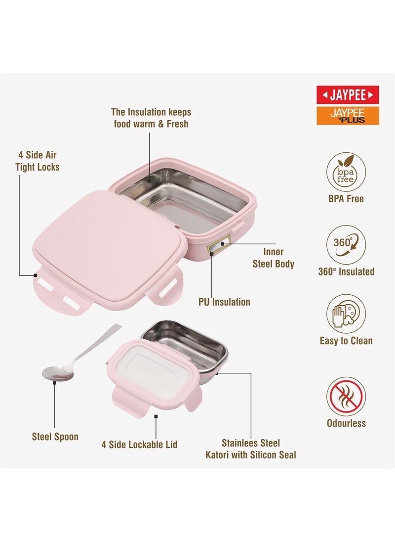 JAYPEE Stainless Steel Insulated Lunch Box Wavesteel Jr. Pink, 500 ml, Airtight Tiffin Box for School Kids |Spillproof with Silicon Seal |Food Grade | BPA Free