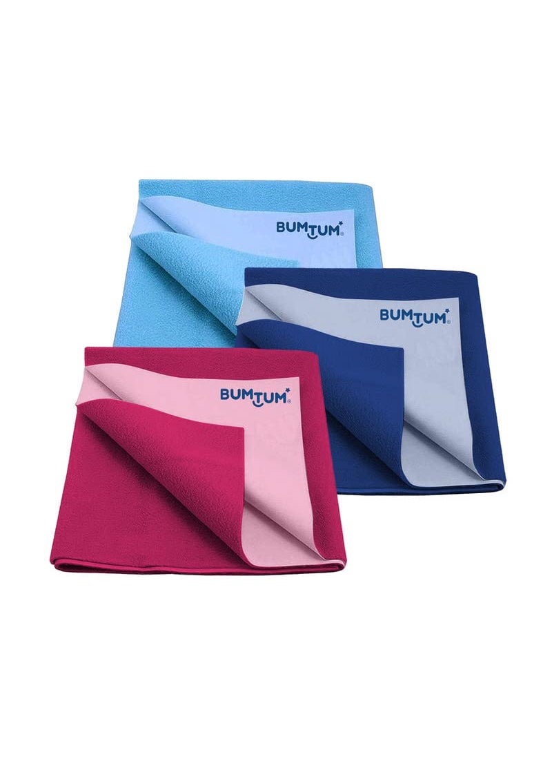 Bumtum Baby Dry Sheet Waterproof Quick Soft Fleece Baby Bed Protector, Anti-Bacterial Extra Absorbant, Reuseable & Washable (Aqua Blue + Royal Blue + Hot Pink Combo, Large Size, Pack of 3)