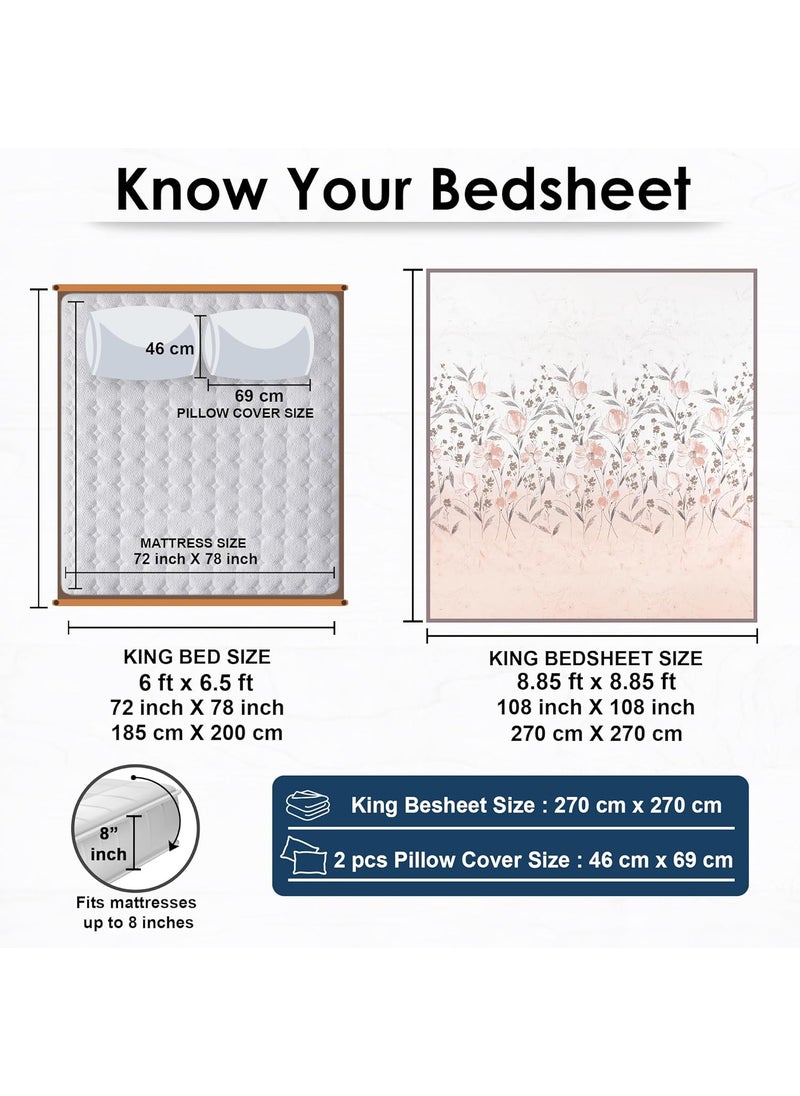 Story@Home Bedsheet for King Size Bed | Cotton Bedsheet | Floral King Size Bed Sheet Cotton with 2 King Size Pillow Covers (270 x 270 cm, Peach) King bedsheet | Perfect for Home Decor | 240TC