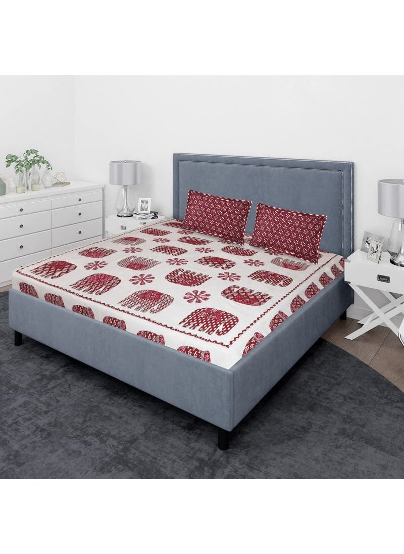 VHC Maroon Elephant Printed Cotton Double Bedsheets Bed Cover with 2 King Size Pillow Cover | Soft Wrinkle Free Easy Care | Size 90 * 100inch/225 * 250cm