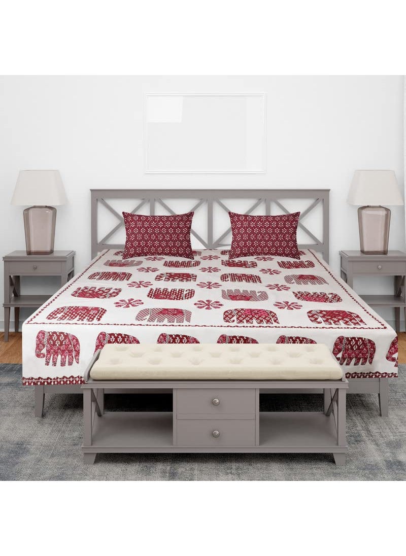 VHC Maroon Elephant Printed Cotton Double Bedsheets Bed Cover with 2 King Size Pillow Cover | Soft Wrinkle Free Easy Care | Size 90 * 100inch/225 * 250cm