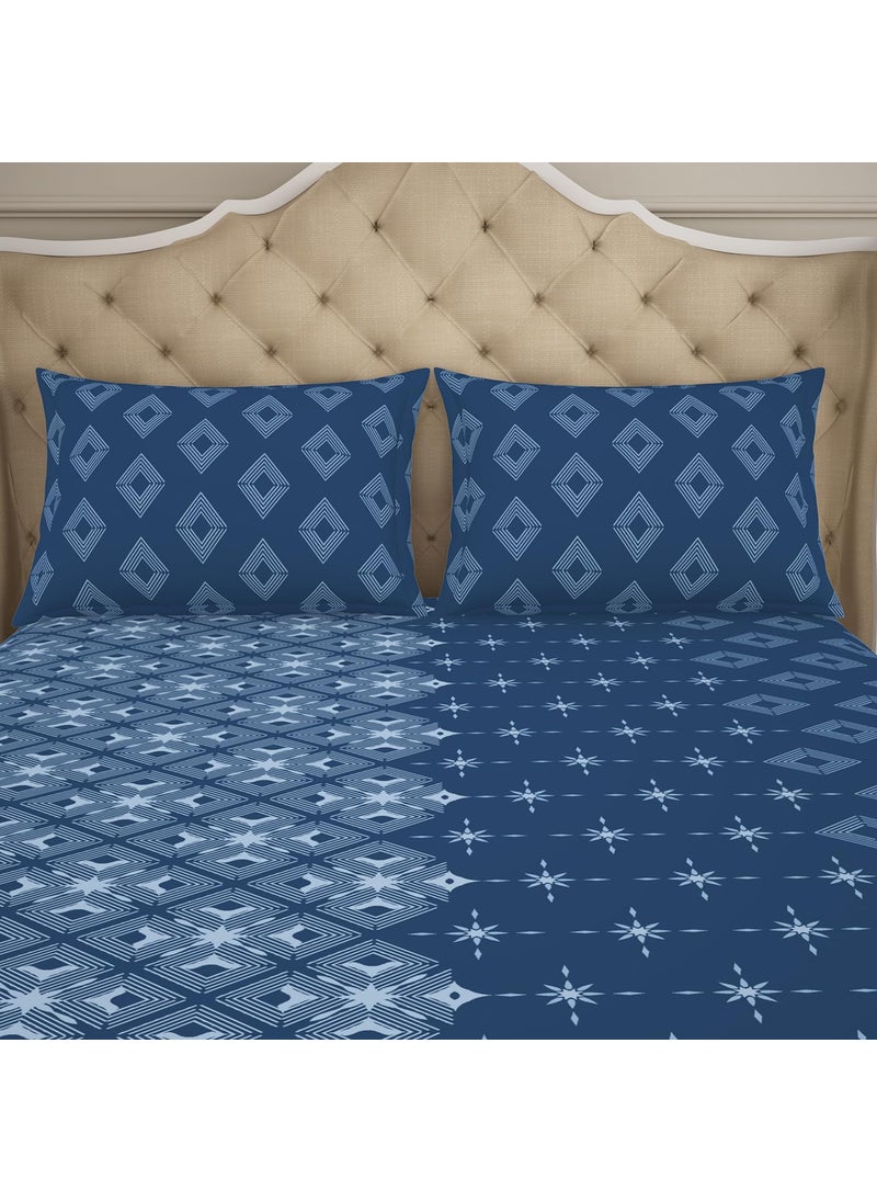 Welspun 100% Cotton Double Bedsheet (224Cm X 254 Cm / 43 Cm X 68 Cm) | 144 Tc Percale Geometric Bedsheet & Pillow Covers Set (Lichen Blue)- Anti Bacterial