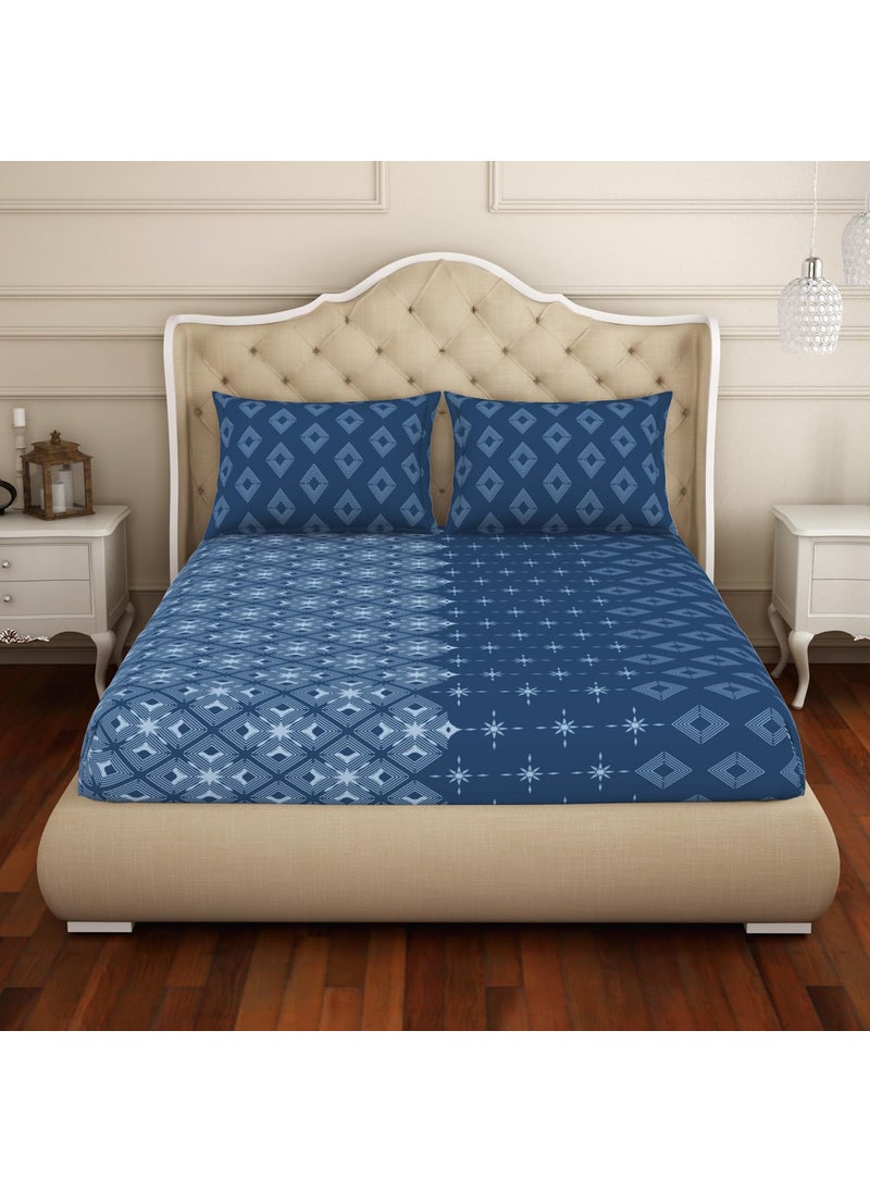 Welspun 100% Cotton Double Bedsheet (224Cm X 254 Cm / 43 Cm X 68 Cm) | 144 Tc Percale Geometric Bedsheet & Pillow Covers Set (Lichen Blue)- Anti Bacterial