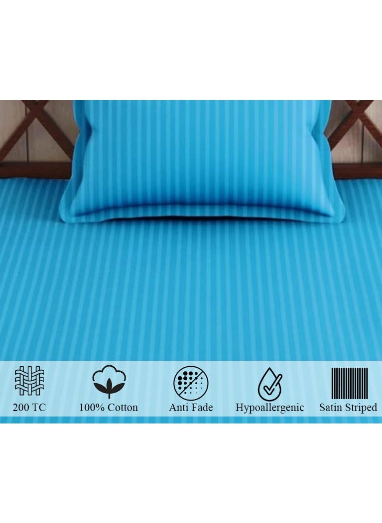 Trance Home Linen 100% Cotton 200 TC Satin Stripe Single Bedsheet with Pillow Cover | Fade-Resistant, Soft & Hypoallergenic |Flat Bedspread for Single Mattress - (54 x 90 inch, Aqua Turquoise Blue)