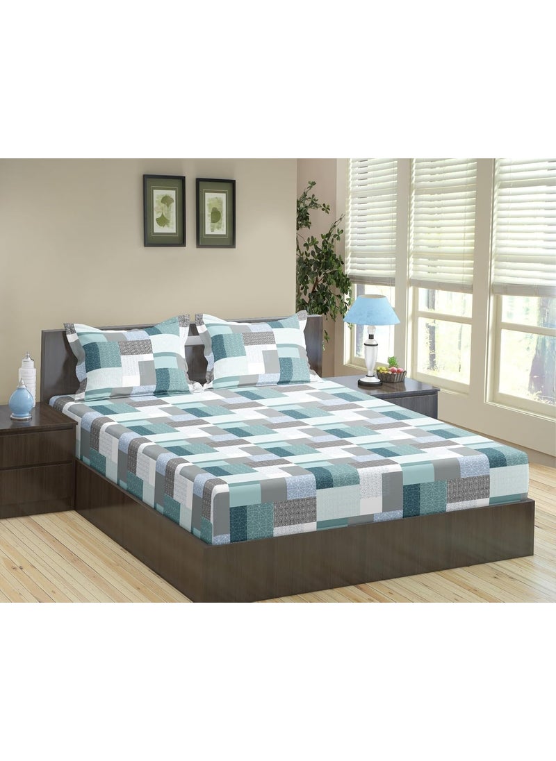 Trance Home Linen 100% Cotton 180 TC 144Tc Elastic Fitted Bedsheet | Printed Twin Size Bed Elasticated Fitted Bedspread With 2 Pillow Covers (75X48 Inch, Abstract Green)