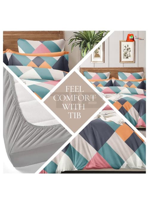 TIB 140 TC 140 GSM Cotton Feel Glace Cotton Elastic Fitted King Size Bedsheets with 2 Pillow Covers 72 x 84 -Zig-Zag Multi