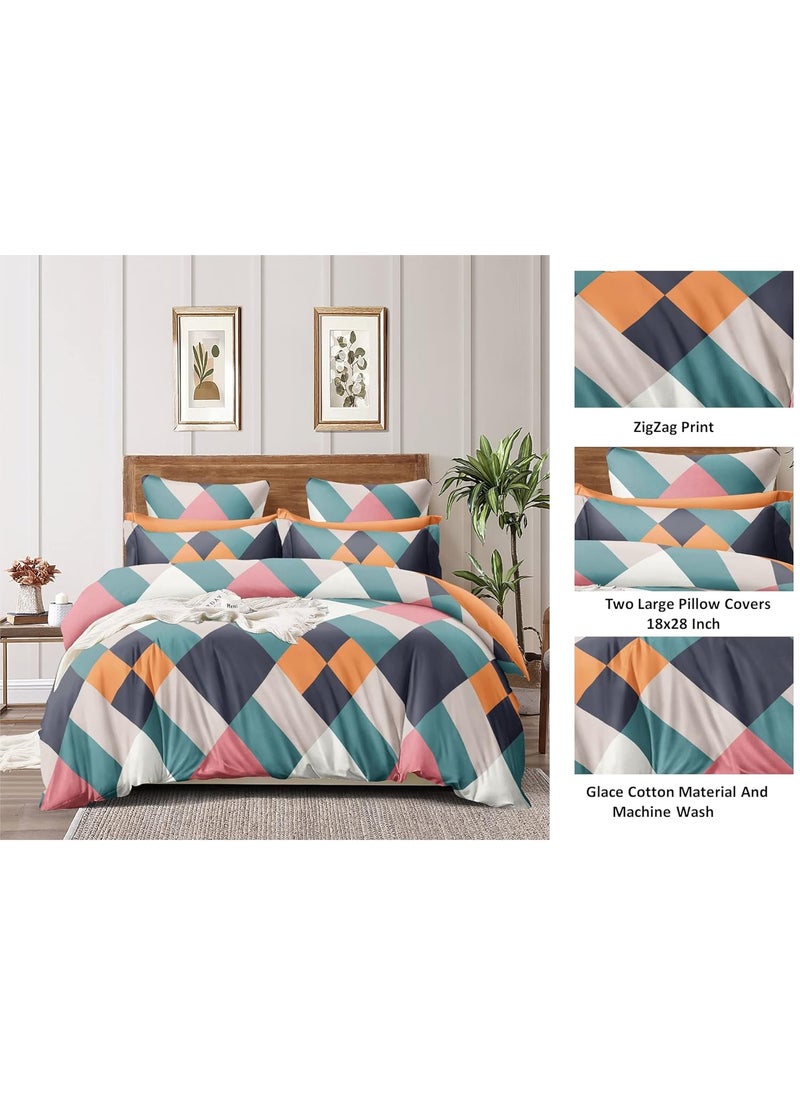 TIB 140 TC 140 GSM Cotton Feel Glace Cotton Elastic Fitted King Size Bedsheets with 2 Pillow Covers 72 x 84 -Zig-Zag Multi