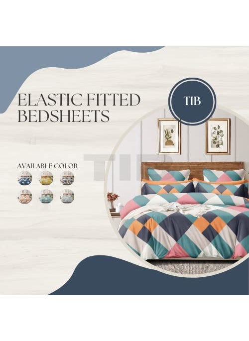 TIB 140 TC 140 GSM Cotton Feel Glace Cotton Elastic Fitted King Size Bedsheets with 2 Pillow Covers 72 x 84 -Zig-Zag Multi