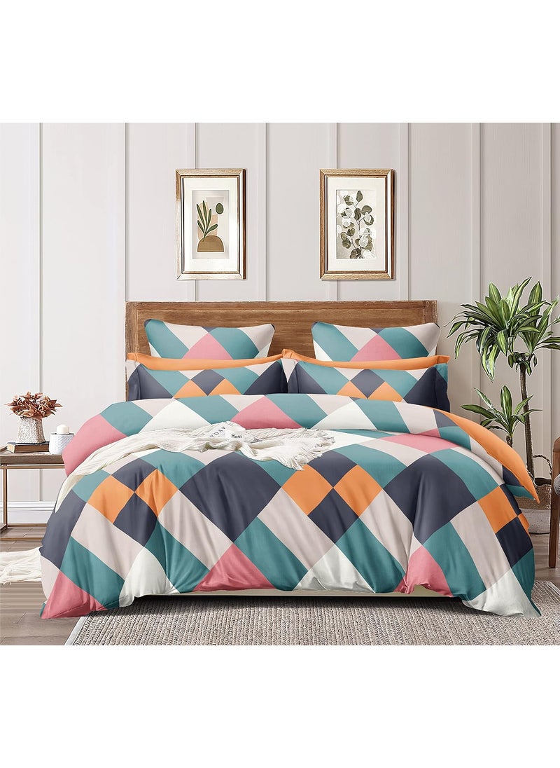 TIB 140 TC 140 GSM Cotton Feel Glace Cotton Elastic Fitted King Size Bedsheets with 2 Pillow Covers 72 x 84 -Zig-Zag Multi