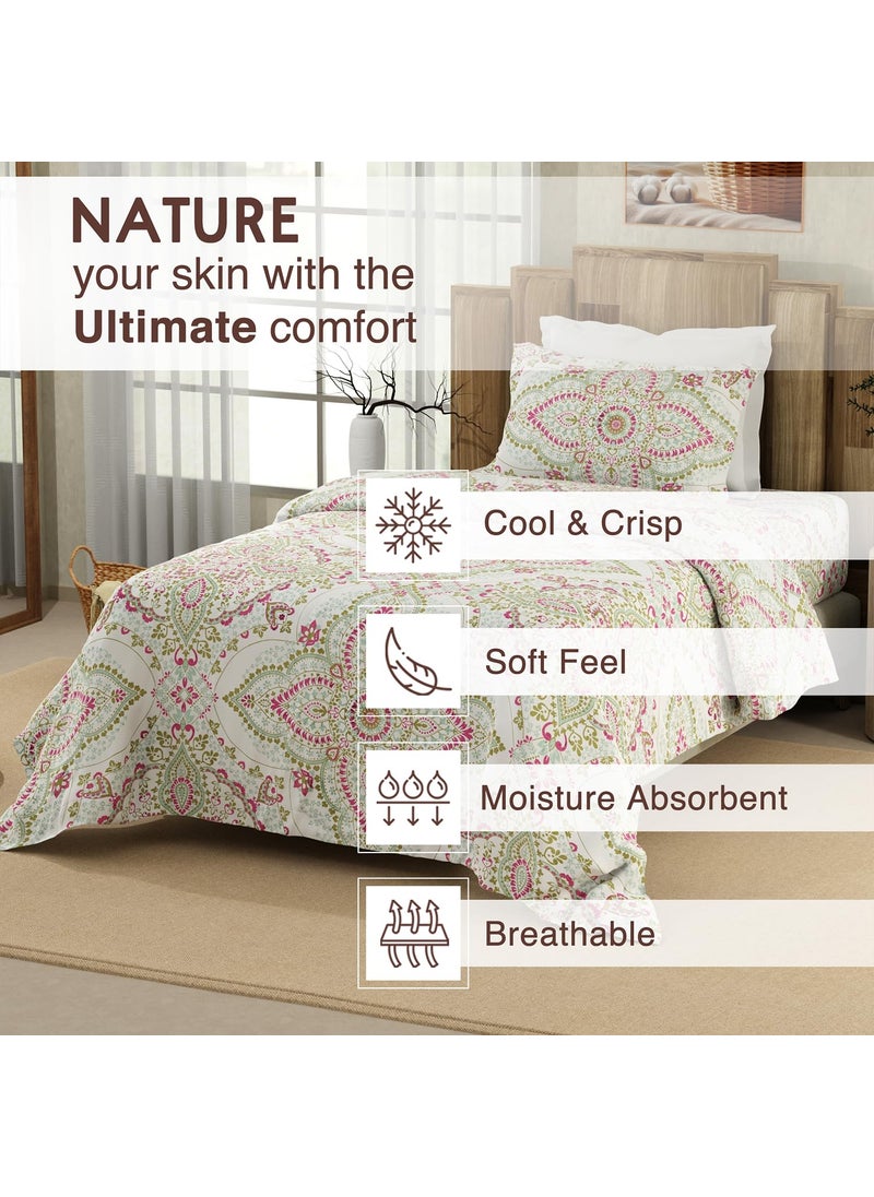 COLOR SENSE Serenity Cotton Single Bedsheet Set (Oeko Tex Certified) | 1 Single Premium Cotton Bedsheet & 1 Pillow Cover | Breathable & Anti-Wrinkle | 200 TC | 60x89CM (Ethnic Print, Blue & Purple)