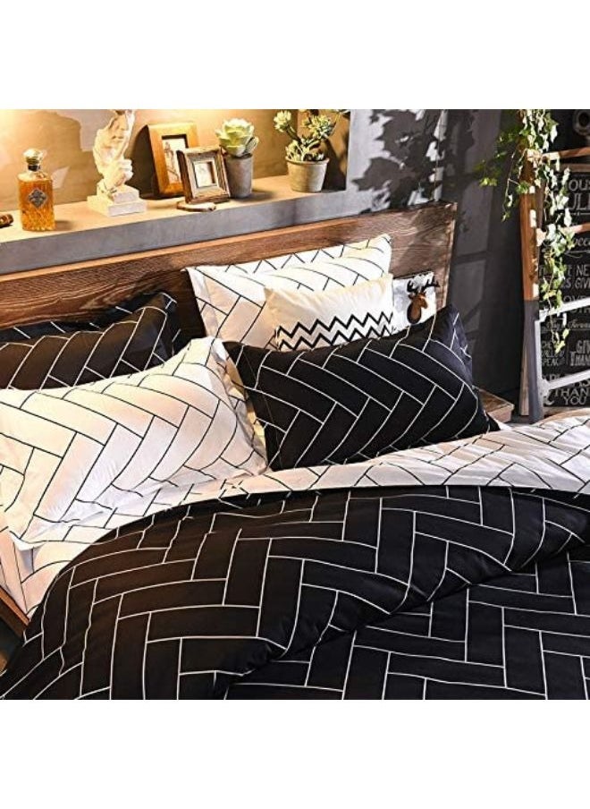 King Sheets Set - Hotel Luxury Feel 6-Piece Bed Set Wrinkle & Fade Resistant Sheet & Pillow Case Set King Size (4 Pillowcases 1 Duvet Cover & 1 Fitted Sheet) Black and White 220x240 Cm