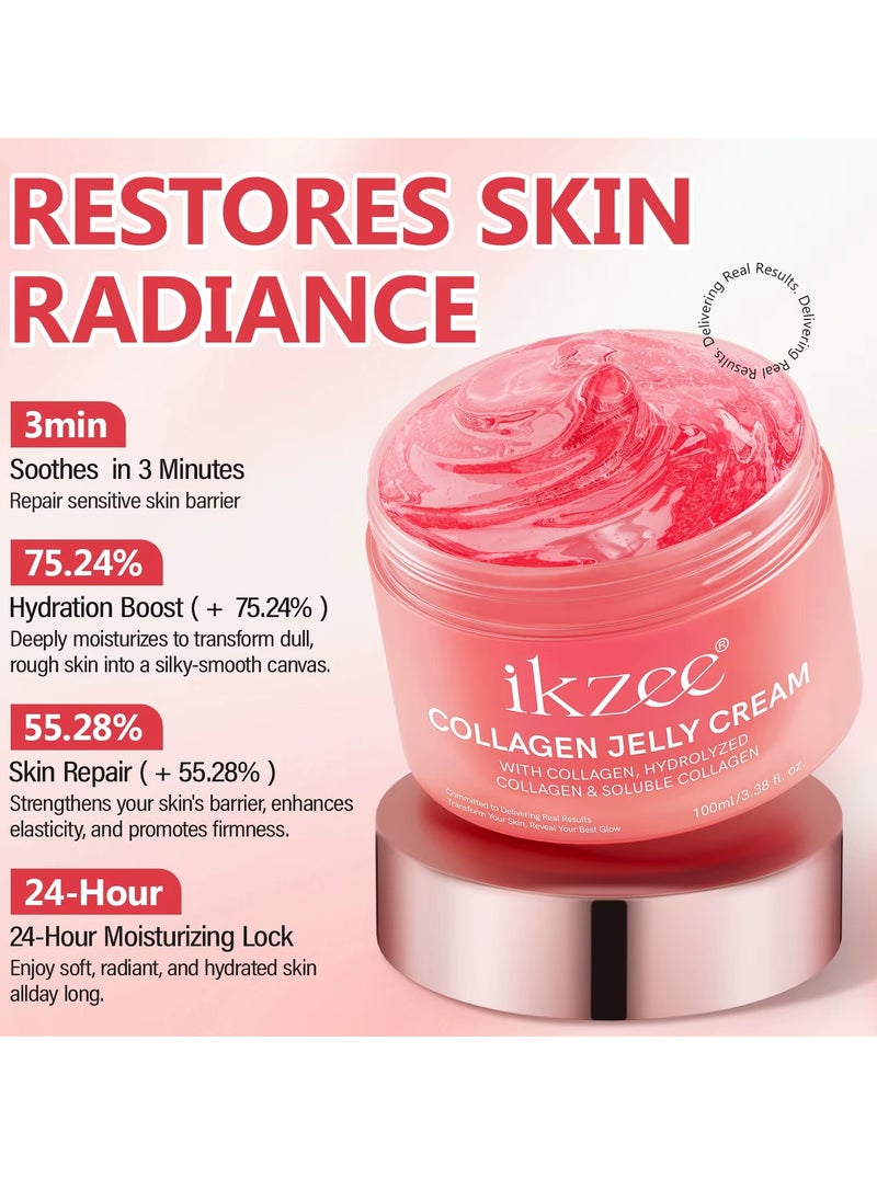 100ml Collagen Jelly Cream with Freeze Dried Hydrolyzed Collagen Long Lasting Hydration Elasticity Barrier Lifted Skin Look Anti Wrinkle Firming Gel Moisturizer Skin Treatment Cream