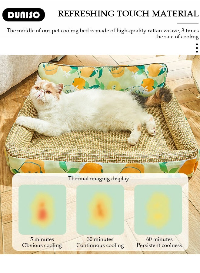 Pet Cooling Bed, Washable Cooling Pets Ice Pad Rattan Mat Nest,Pet Cooling Mats, Pet Ice Pad Bed with Fast Moisture Wicking,Summer Pet Woven Breathable Square Mat Sleeping Pad with Pillow for Dogs Cats