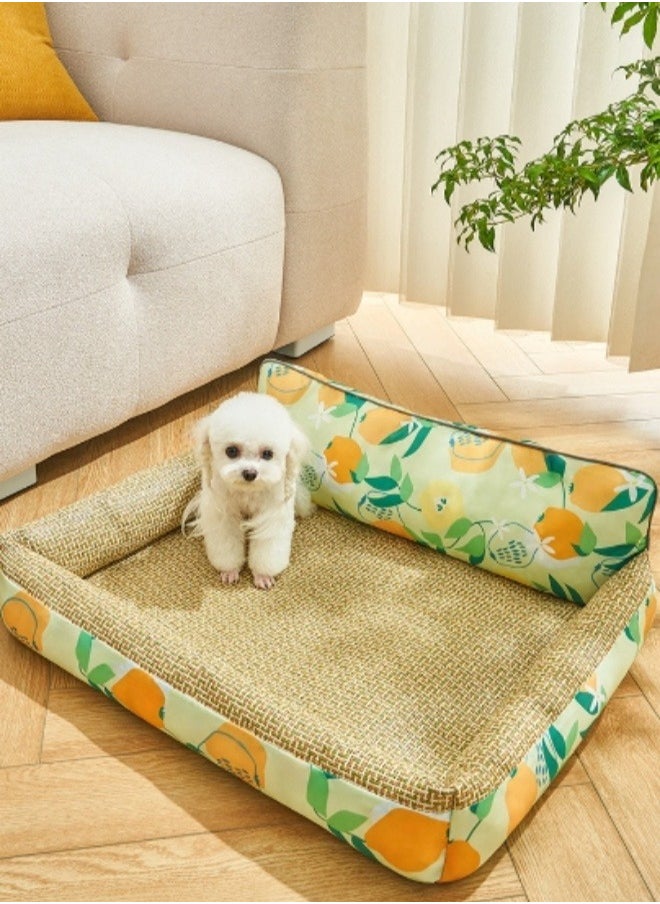 Pet Cooling Bed, Washable Cooling Pets Ice Pad Rattan Mat Nest,Pet Cooling Mats, Pet Ice Pad Bed with Fast Moisture Wicking,Summer Pet Woven Breathable Square Mat Sleeping Pad with Pillow for Dogs Cats