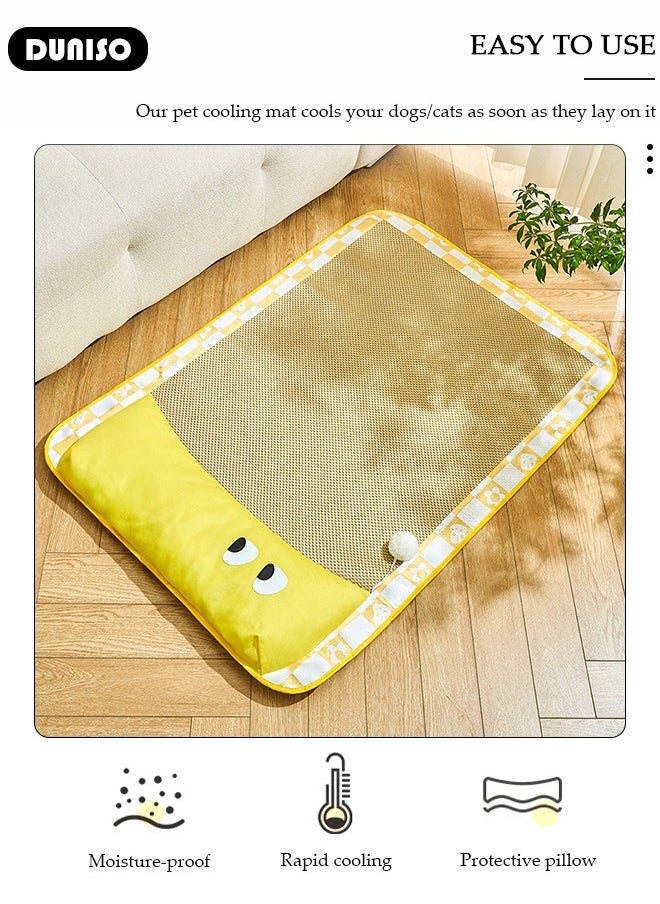 Pet Cooling Bed, Washable Cooling Pets Ice Pad Rattan Mat Nest,Pet Cooling Mats, Pet Ice Pad Bed with Fast Moisture Wicking,Summer Pet Woven Breathable Square Mat Sleeping Pad with Pillow for Dogs Cats