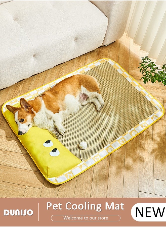 Pet Cooling Bed, Washable Cooling Pets Ice Pad Rattan Mat Nest,Pet Cooling Mats, Pet Ice Pad Bed with Fast Moisture Wicking,Summer Pet Woven Breathable Square Mat Sleeping Pad with Pillow for Dogs Cats