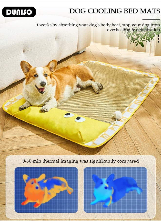 Pet Cooling Bed, Washable Cooling Pets Ice Pad Rattan Mat Nest,Pet Cooling Mats, Pet Ice Pad Bed with Fast Moisture Wicking,Summer Pet Woven Breathable Square Mat Sleeping Pad with Pillow for Dogs Cats