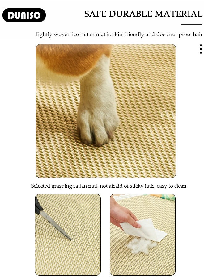 Pet Cooling Bed, Washable Cooling Pets Ice Pad Rattan Mat Nest,Pet Cooling Mats, Pet Ice Pad Bed with Fast Moisture Wicking,Summer Pet Woven Breathable Square Mat Sleeping Pad with Pillow for Dogs Cats